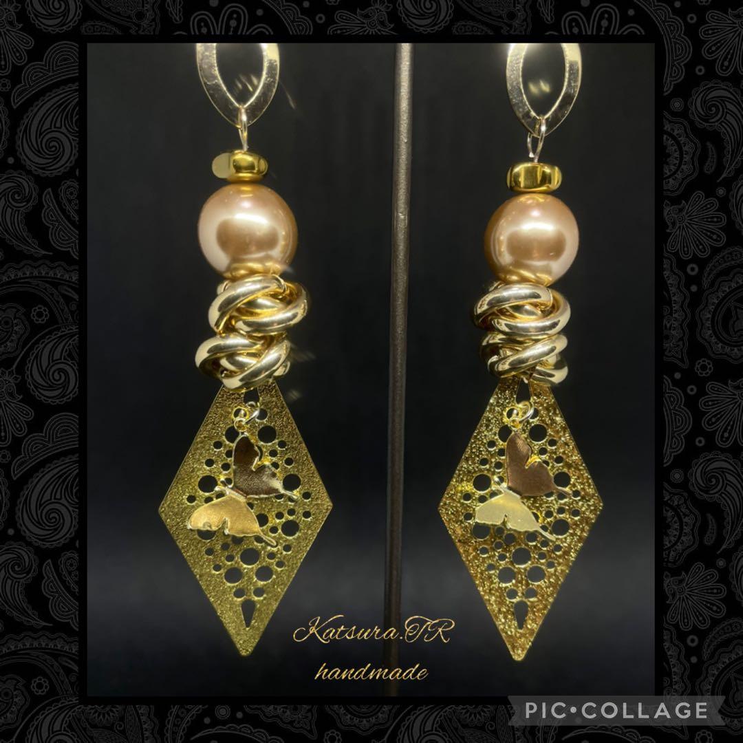 No.1188 ゴールドバタフライのロングピアス　アジアンピアス