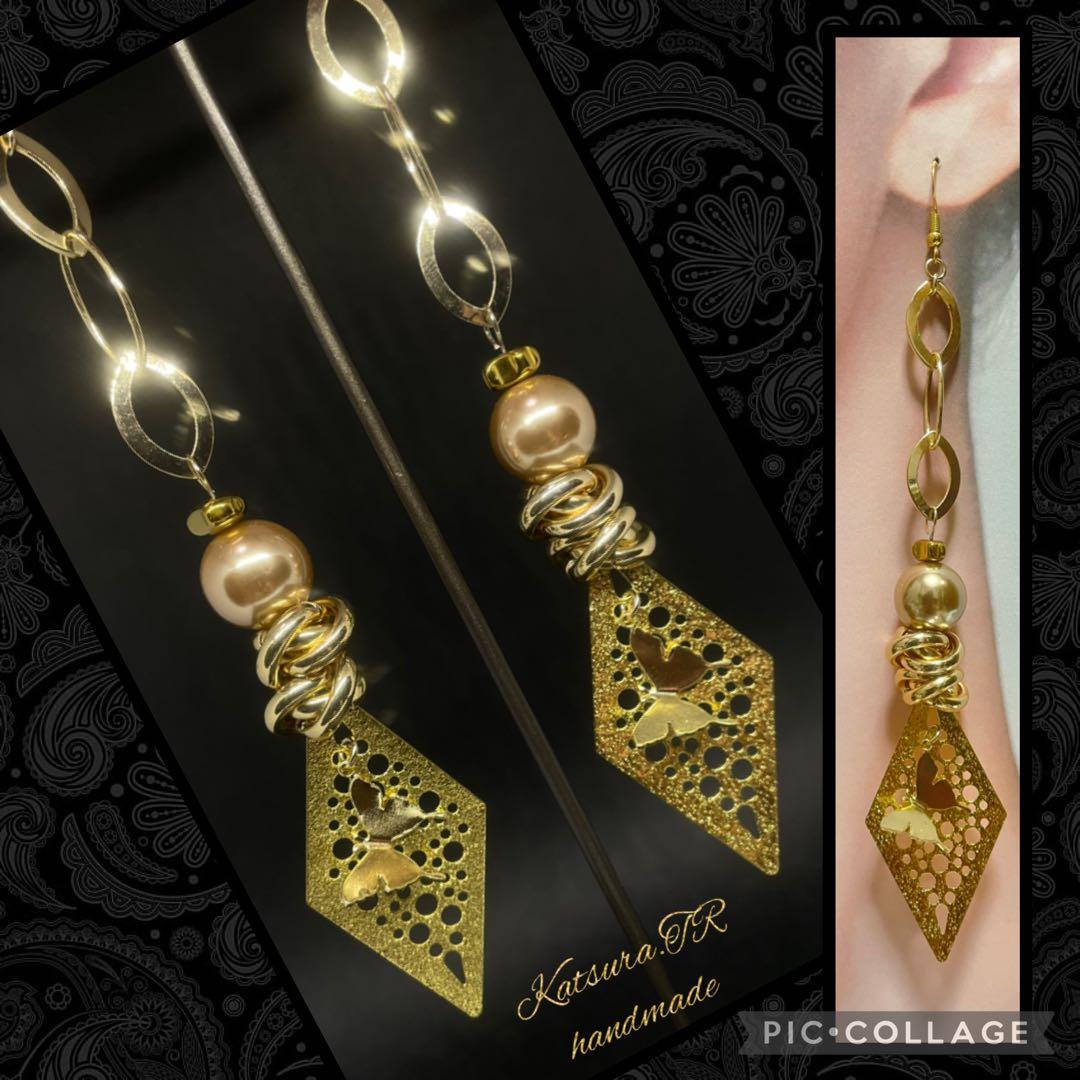 No.1188 ゴールドバタフライのロングピアス　アジアンピアス