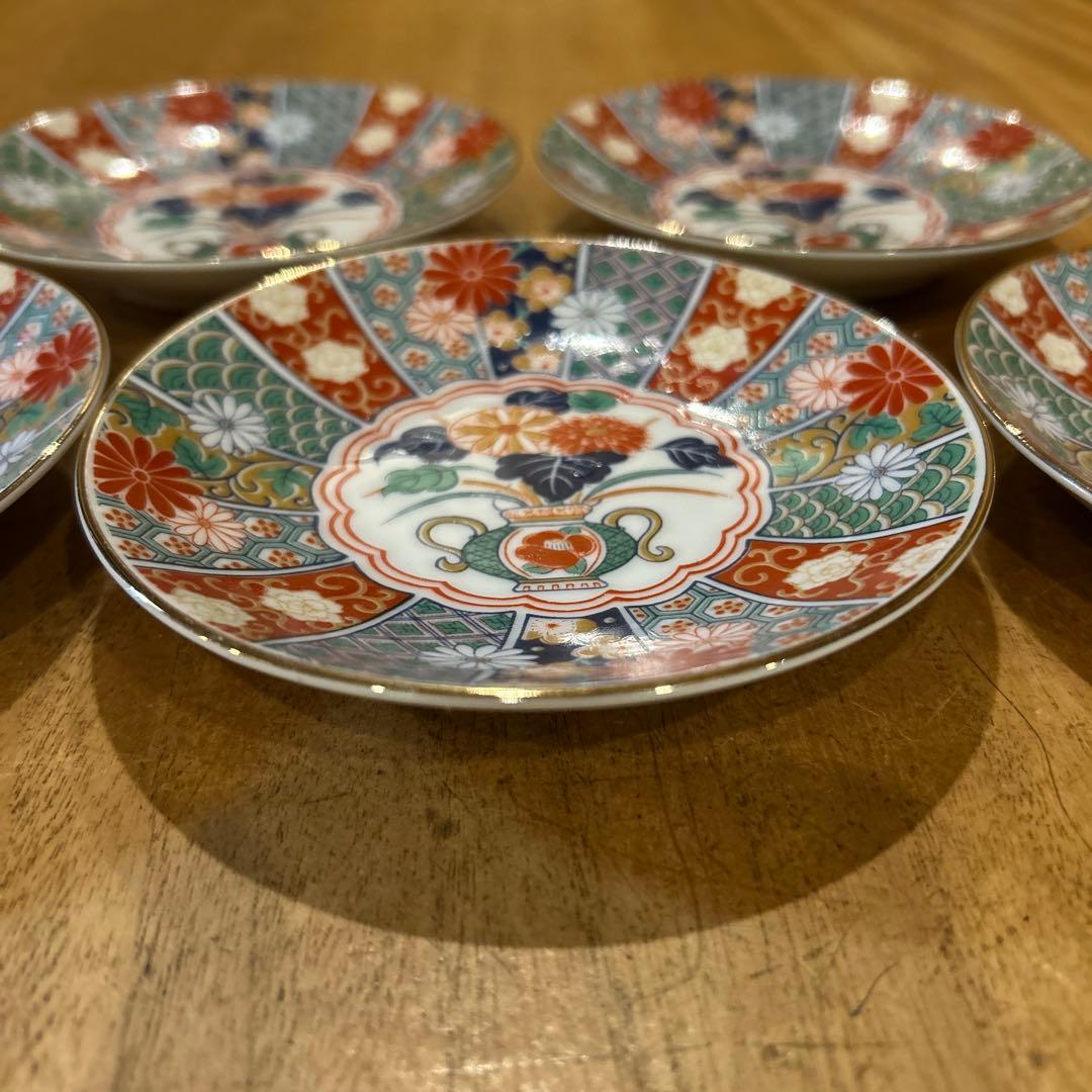未使用品　有田焼　陶扇　小皿5枚揃え　銘々皿　錦絵　赤絵　金彩　希少