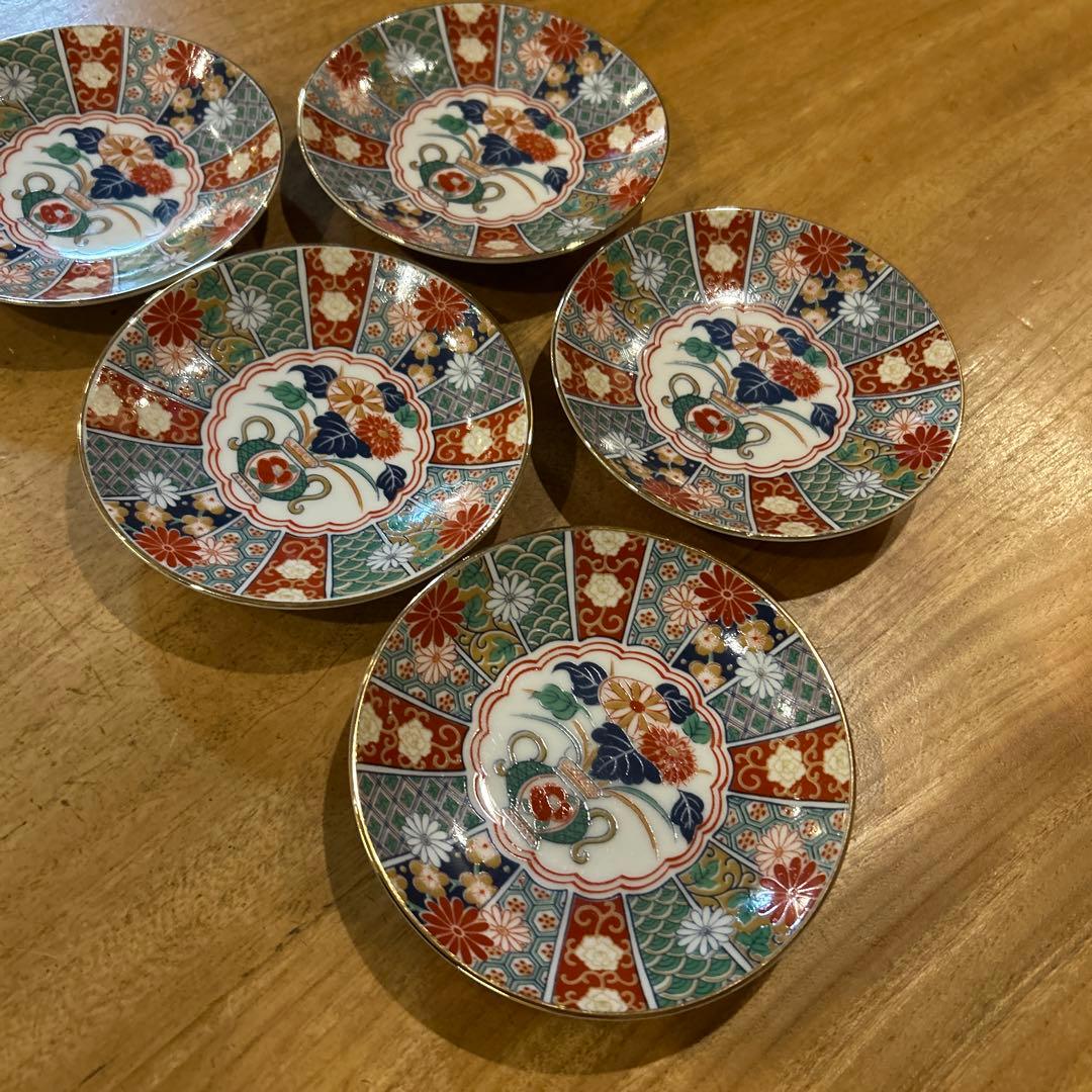 未使用品　有田焼　陶扇　小皿5枚揃え　銘々皿　錦絵　赤絵　金彩　希少