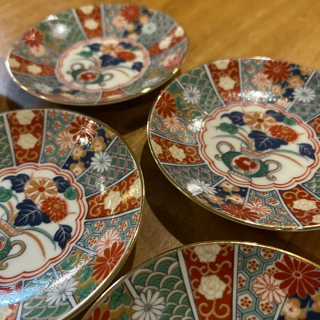 未使用品　有田焼　陶扇　小皿5枚揃え　銘々皿　錦絵　赤絵　金彩　希少
