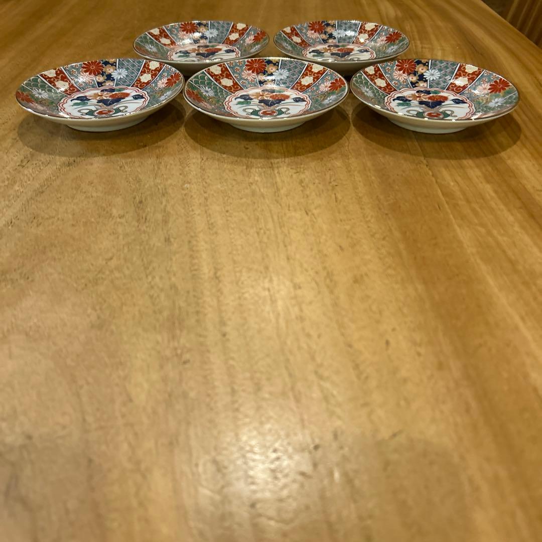 未使用品　有田焼　陶扇　小皿5枚揃え　銘々皿　錦絵　赤絵　金彩　希少