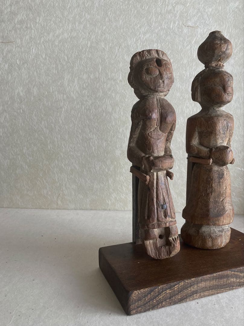 インド〜ネパール民族木彫ペア像｜祖霊守護像|三鷹猫｜トライバルアート｜H27cm