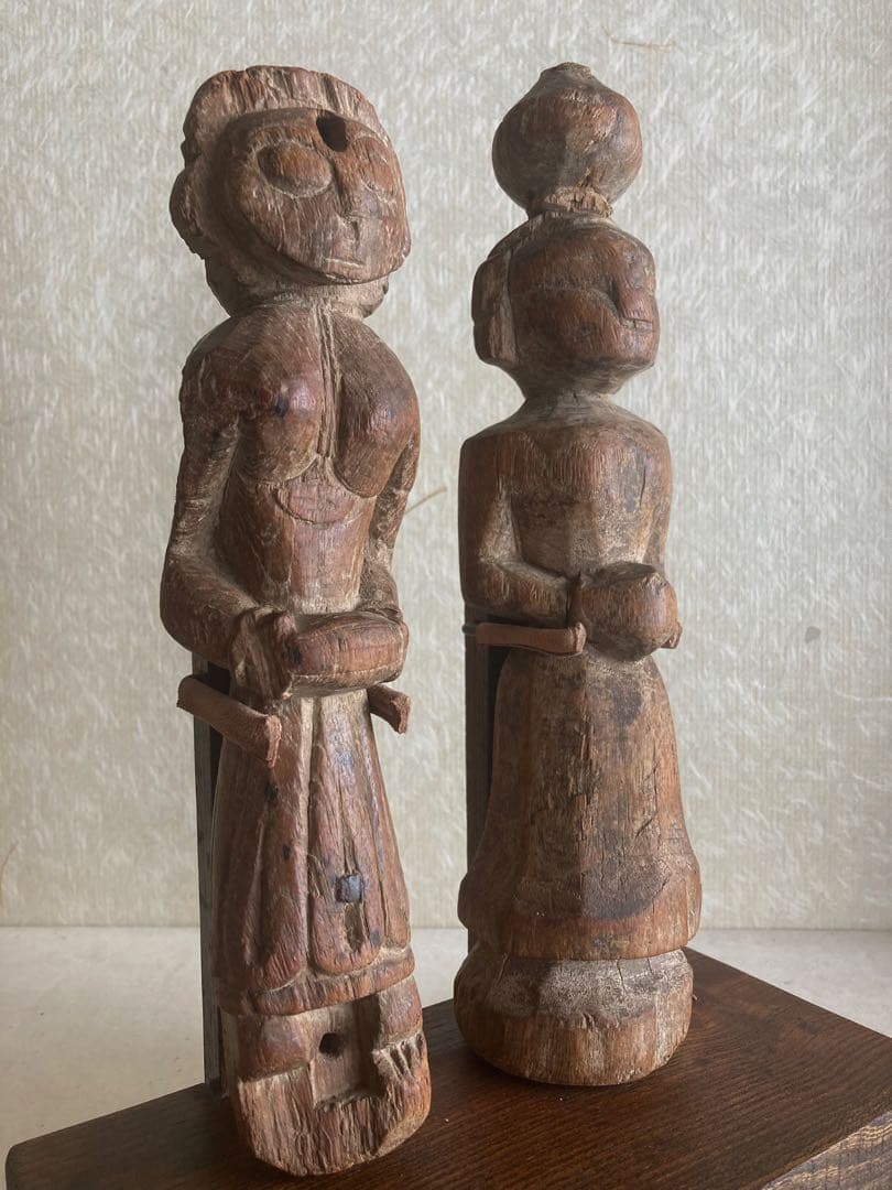 インド〜ネパール民族木彫ペア像｜祖霊守護像|三鷹猫｜トライバルアート｜H27cm