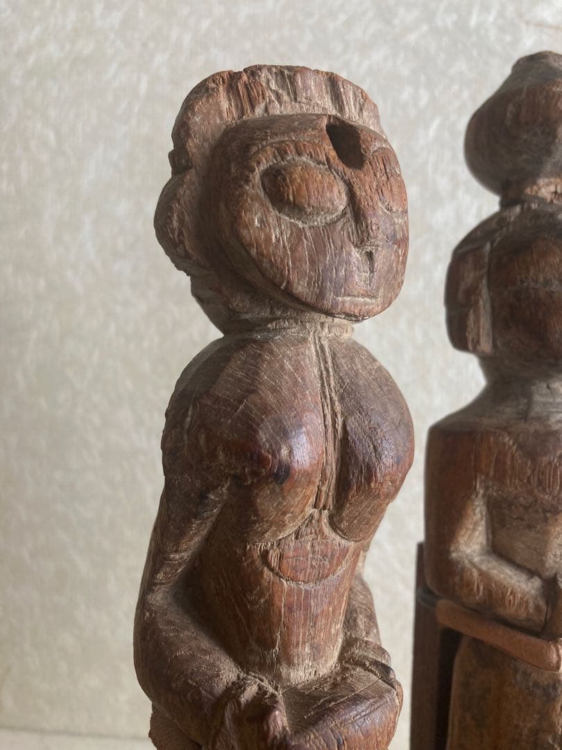 インド〜ネパール民族木彫ペア像｜祖霊守護像|三鷹猫｜トライバルアート｜H27cm