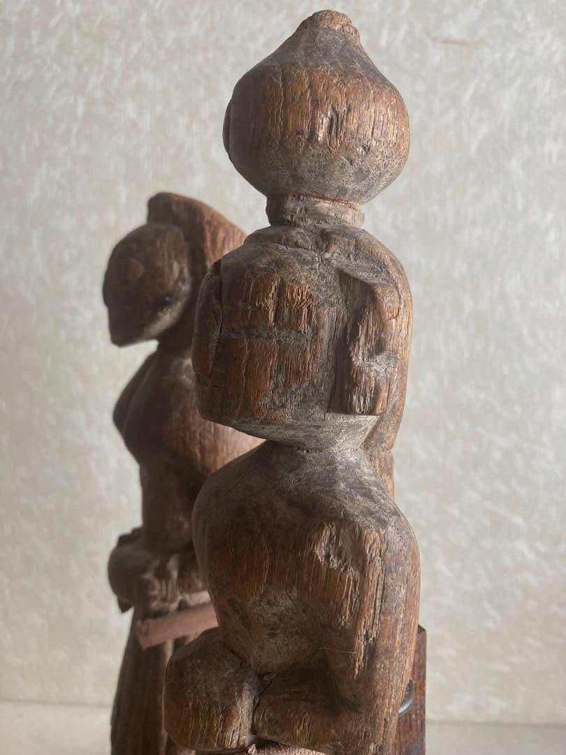 インド〜ネパール民族木彫ペア像｜祖霊守護像|三鷹猫｜トライバルアート｜H27cm