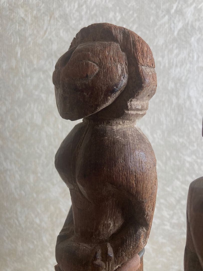 インド〜ネパール民族木彫ペア像｜祖霊守護像|三鷹猫｜トライバルアート｜H27cm