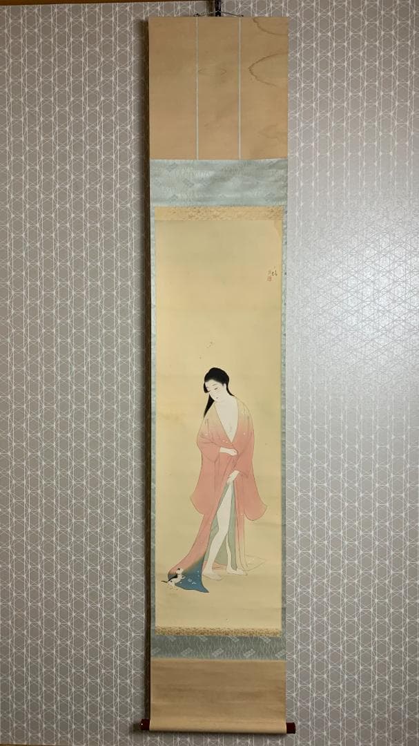 一清 浮世絵美人と仔猫図 絹本 肉筆 掛軸 美人画 839