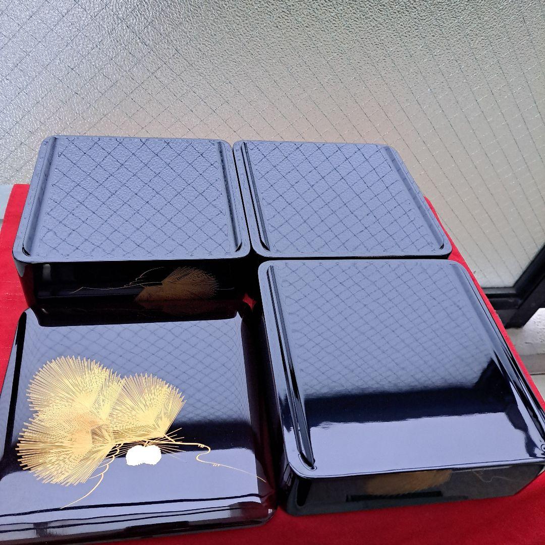 【会津漆器　6.5寸\"3段重箱】天然木製　溜塗　沈金\"松葉　長期保管品