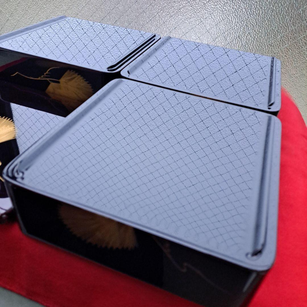 【会津漆器　6.5寸\"3段重箱】天然木製　溜塗　沈金\"松葉　長期保管品