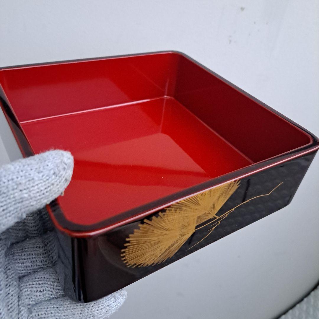 【会津漆器　6.5寸\"3段重箱】天然木製　溜塗　沈金\"松葉　長期保管品