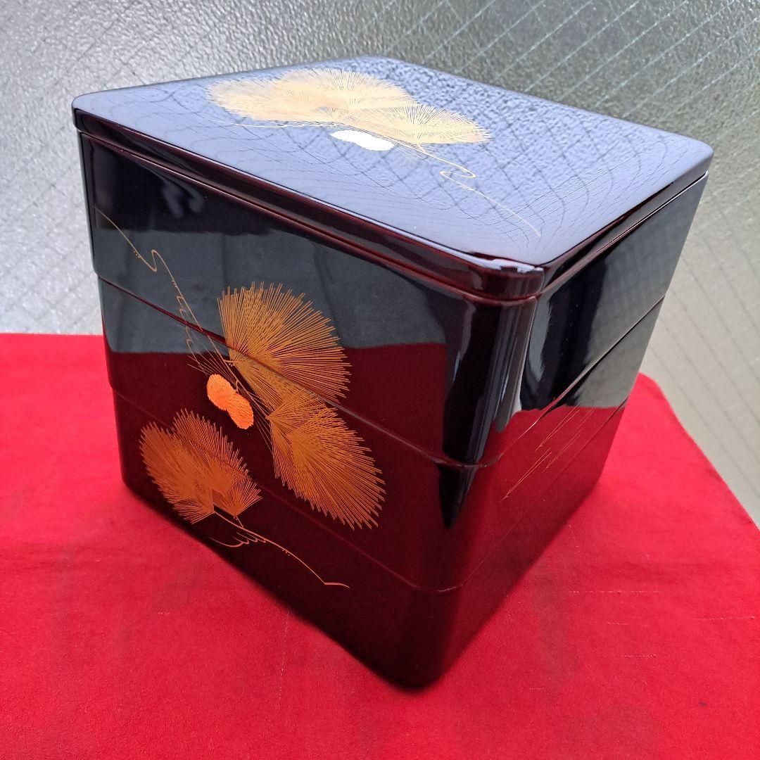【会津漆器　6.5寸\"3段重箱】天然木製　溜塗　沈金\"松葉　長期保管品
