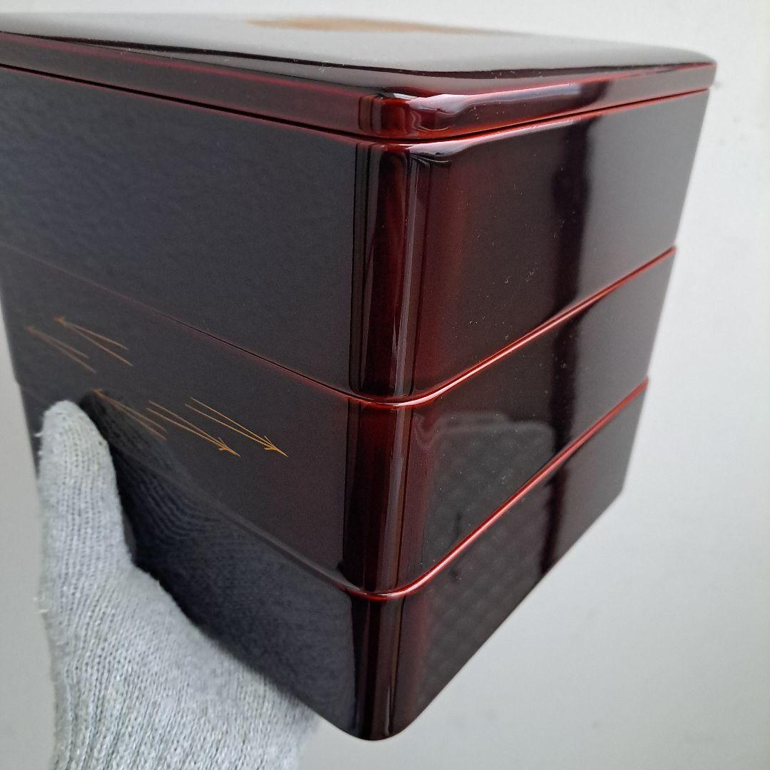 【会津漆器　6.5寸\"3段重箱】天然木製　溜塗　沈金\"松葉　長期保管品