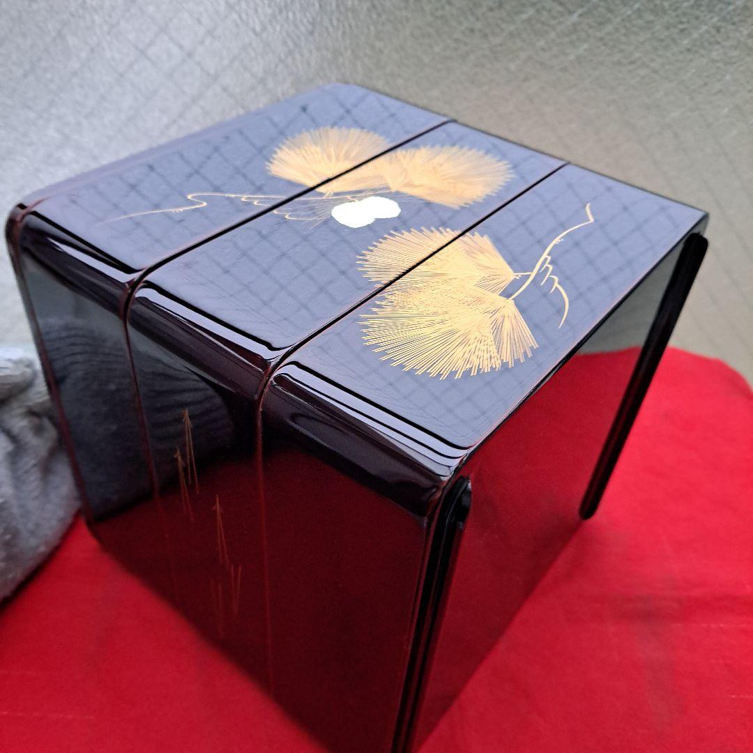 【会津漆器　6.5寸\"3段重箱】天然木製　溜塗　沈金\"松葉　長期保管品