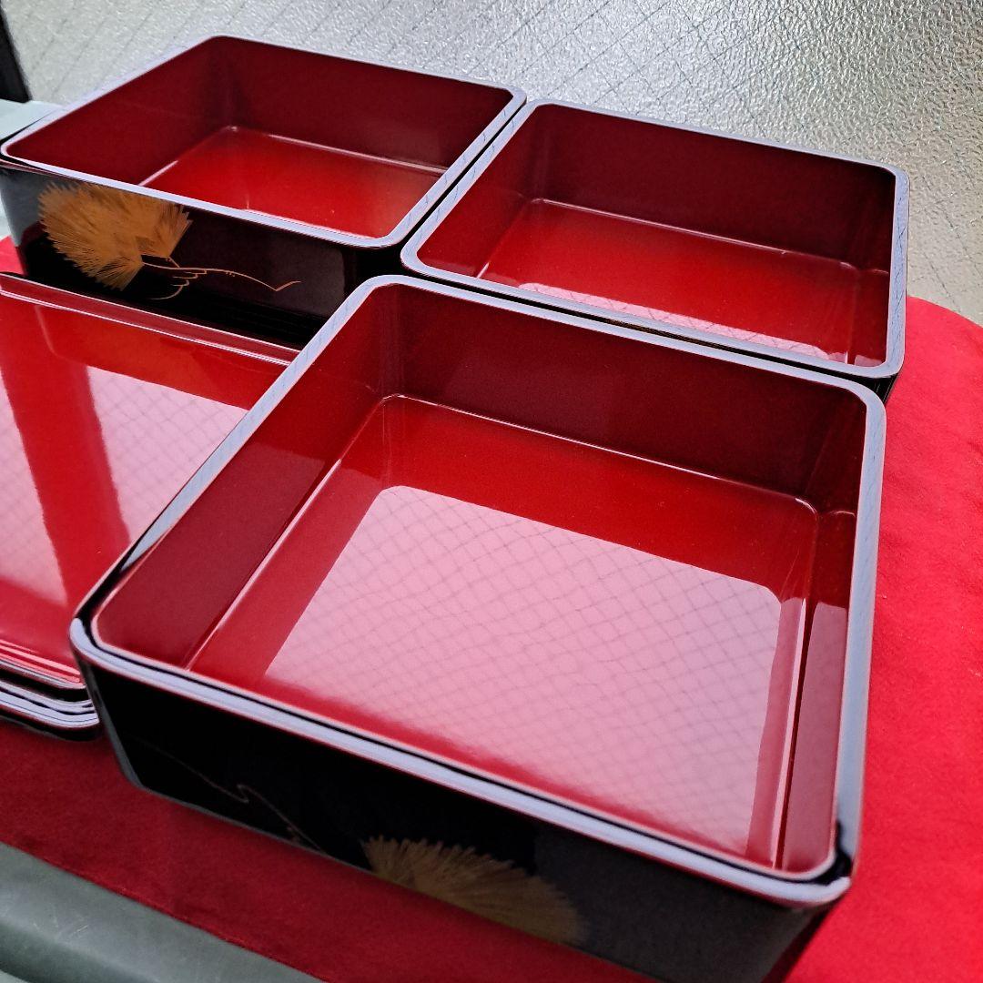 【会津漆器　6.5寸\"3段重箱】天然木製　溜塗　沈金\"松葉　長期保管品