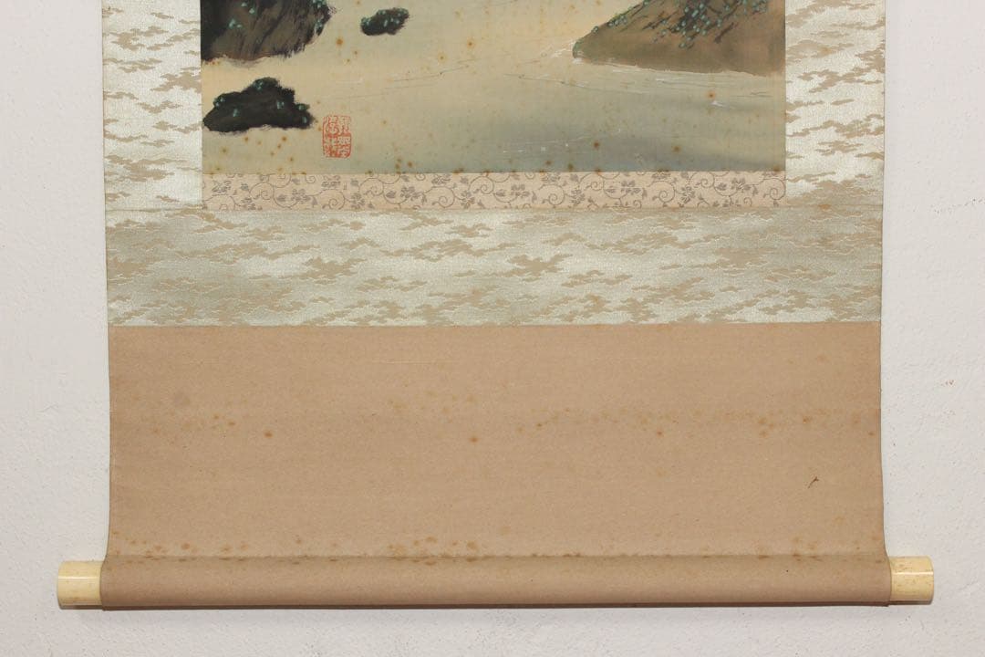 No5240 掛軸　呉竹仙史　安田篤　嵐峡画賛　絹本着色　合箱　日本画　送料無料