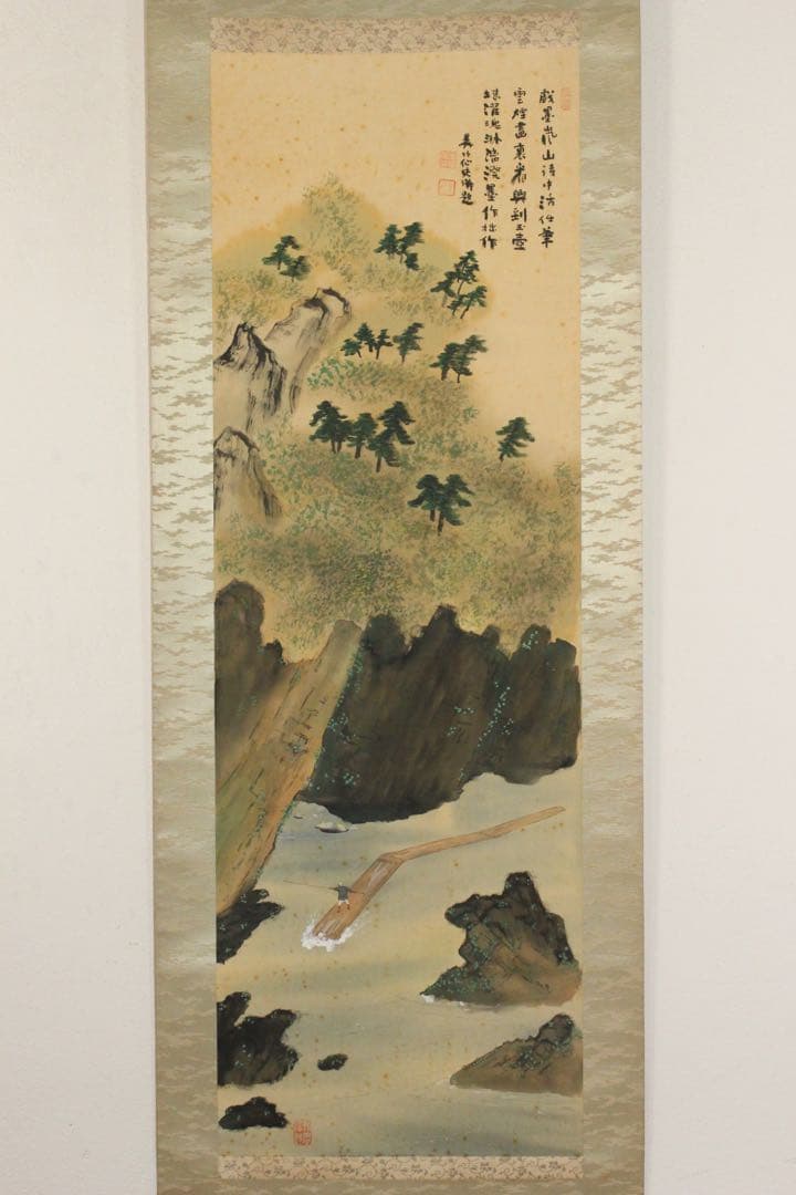 No5240 掛軸　呉竹仙史　安田篤　嵐峡画賛　絹本着色　合箱　日本画　送料無料