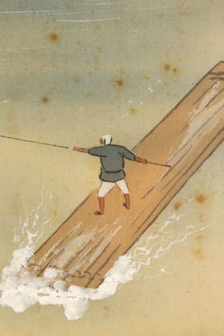 No5240 掛軸　呉竹仙史　安田篤　嵐峡画賛　絹本着色　合箱　日本画　送料無料