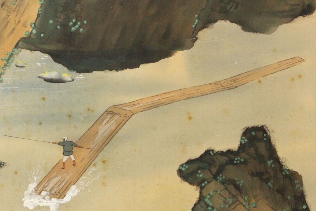 No5240 掛軸　呉竹仙史　安田篤　嵐峡画賛　絹本着色　合箱　日本画　送料無料