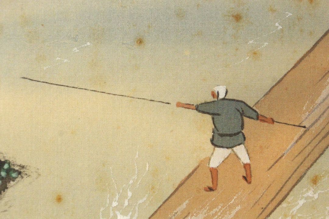 No5240 掛軸　呉竹仙史　安田篤　嵐峡画賛　絹本着色　合箱　日本画　送料無料