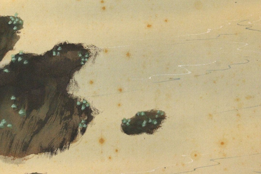 No5240 掛軸　呉竹仙史　安田篤　嵐峡画賛　絹本着色　合箱　日本画　送料無料