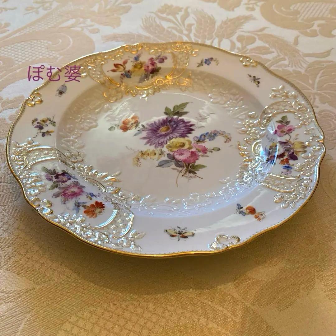 【古マイセン】金彩 花絵皿「ノイマルセイユ／フラワーブーケと昆虫」No.8