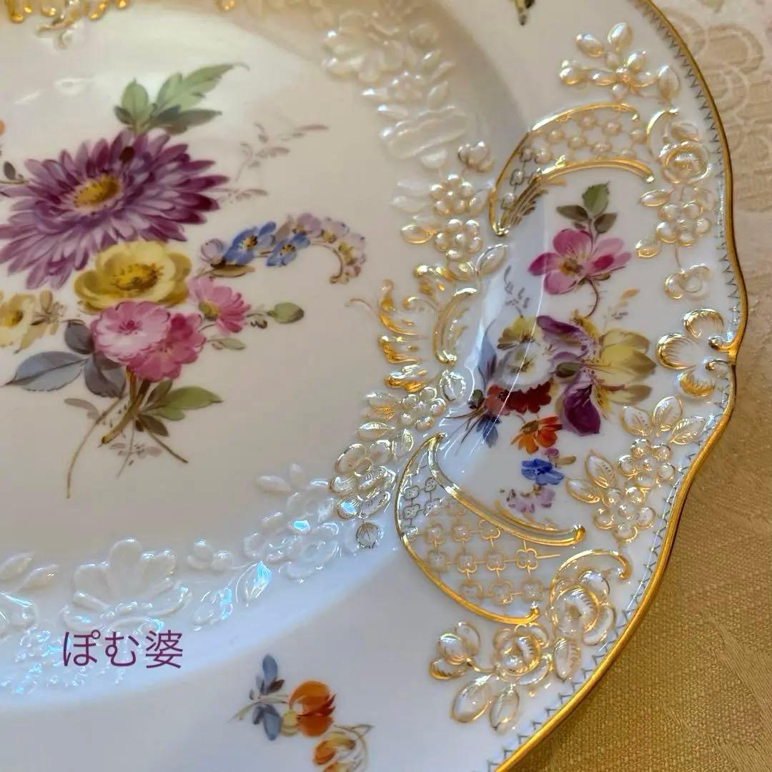 【古マイセン】金彩 花絵皿「ノイマルセイユ／フラワーブーケと昆虫」No.8