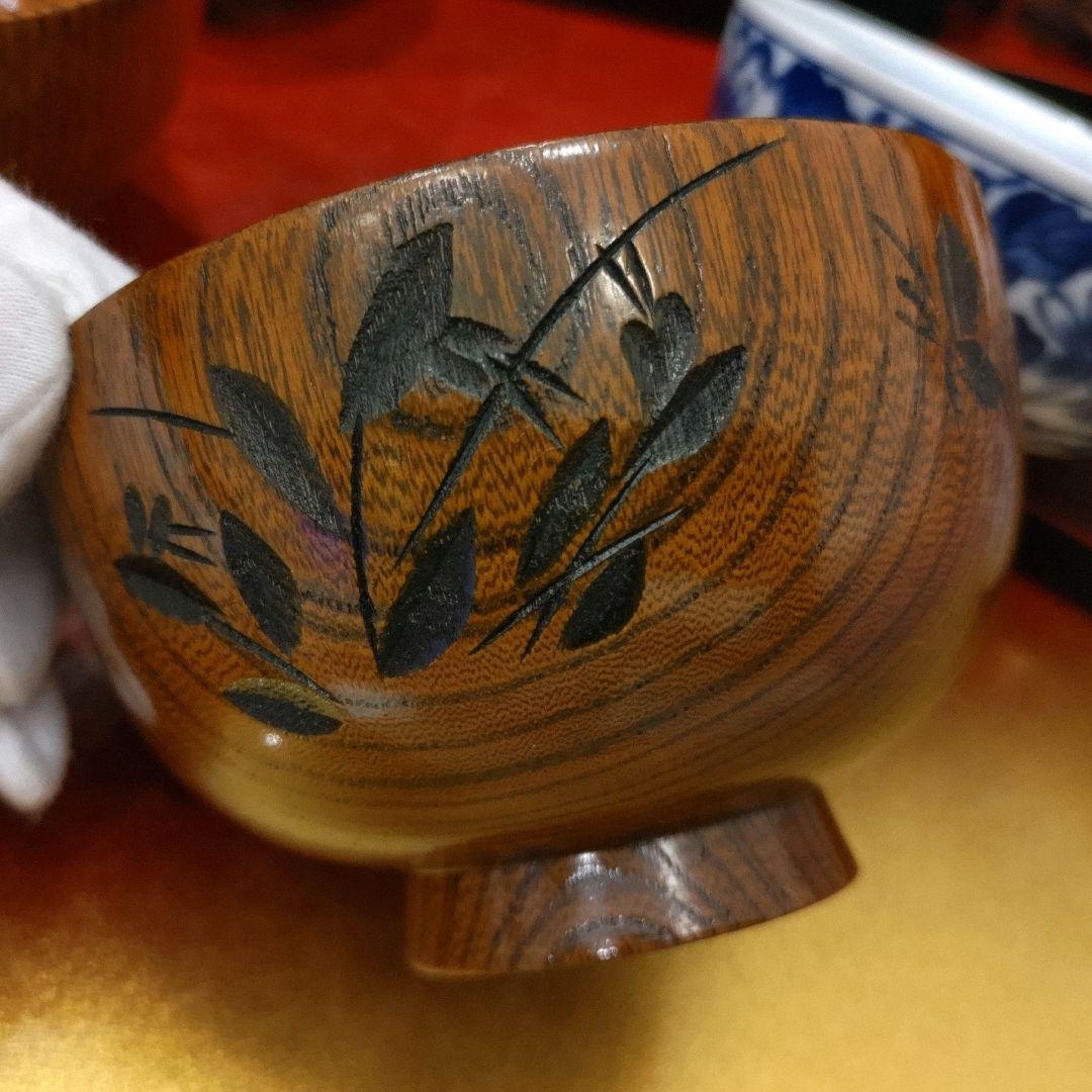 天然木味噌汁碗お椀５／三洋陶器龍峰窯　 絵変わりご飯茶碗５湯呑み５　木箱／追加可
