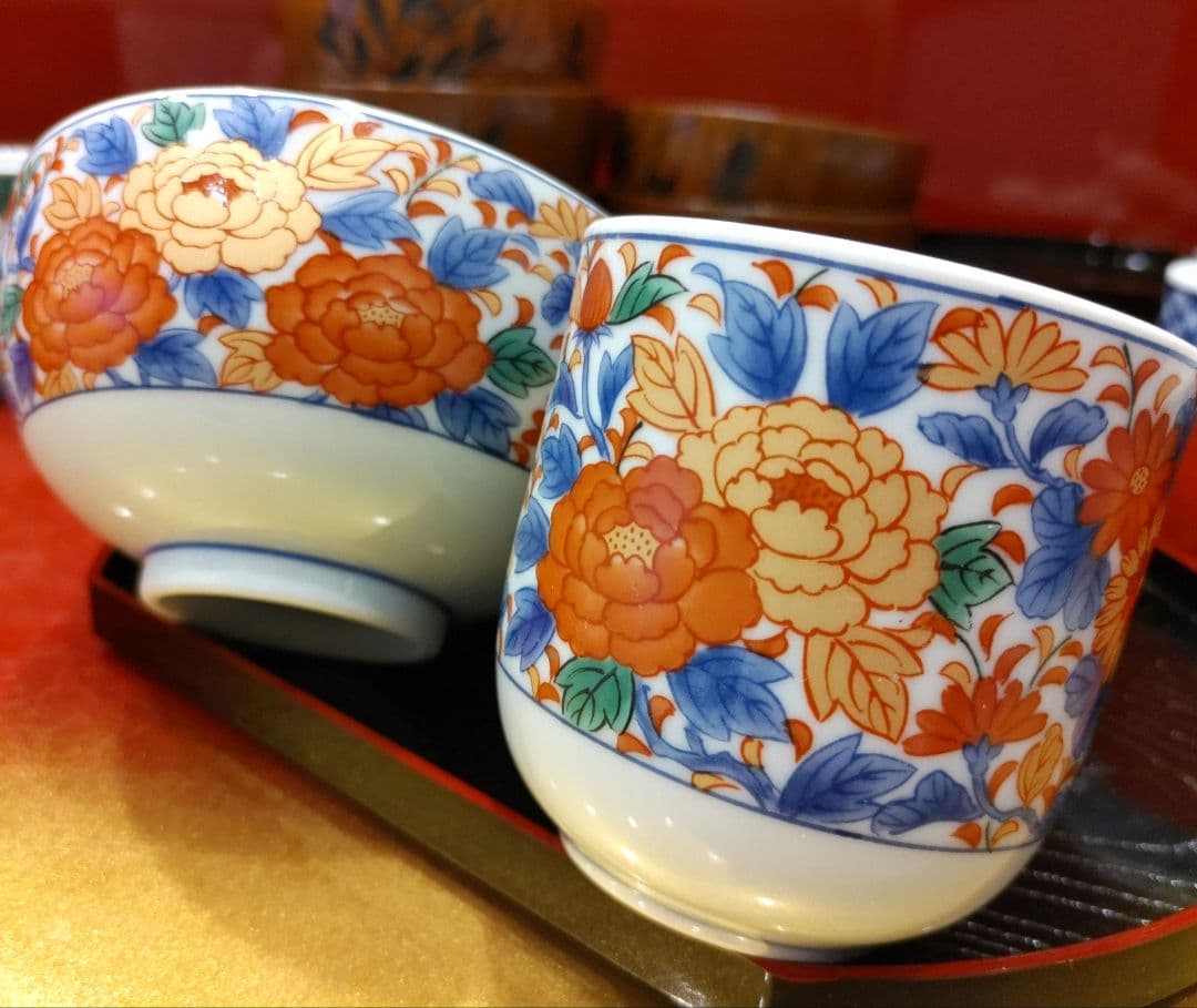天然木味噌汁碗お椀５／三洋陶器龍峰窯　 絵変わりご飯茶碗５湯呑み５　木箱／追加可