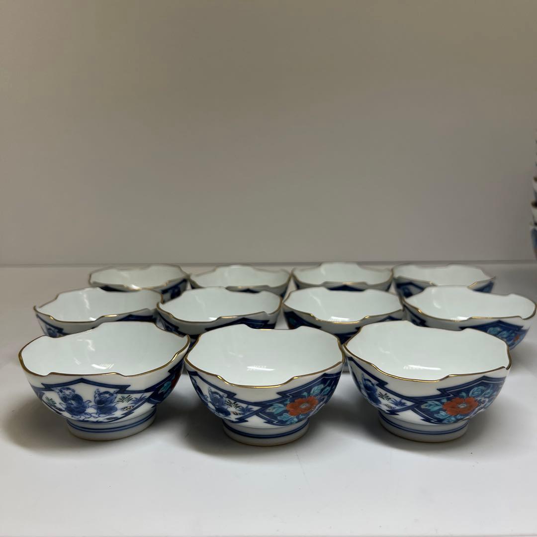 肥前有田焼　幸右衛門　染錦牡丹唐子文向付食器一式　共箱　東Y8-0128①