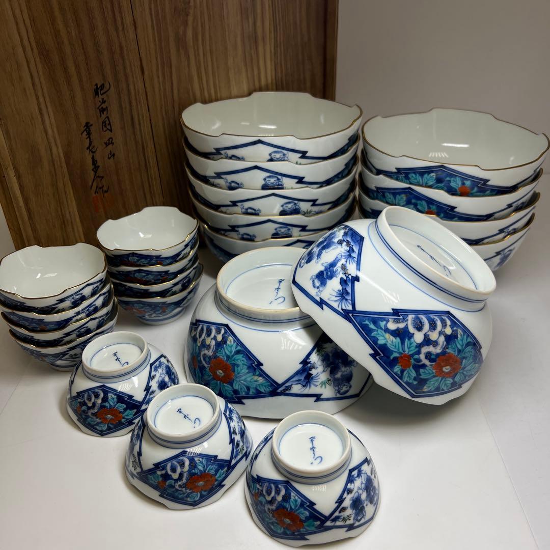 肥前有田焼　幸右衛門　染錦牡丹唐子文向付食器一式　共箱　東Y8-0128①