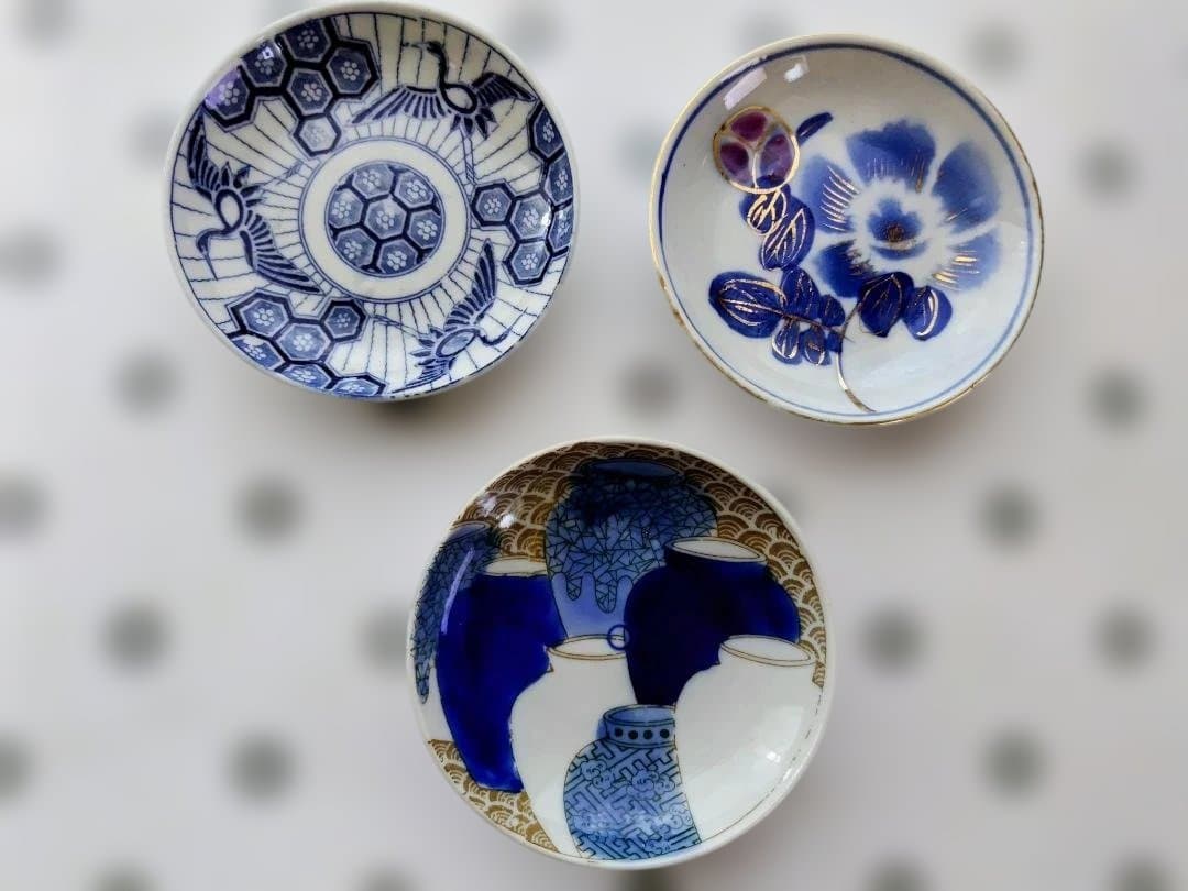 明治時代の古伊万里小皿二種４０客と墨弾技法 青海波に壺小皿２客