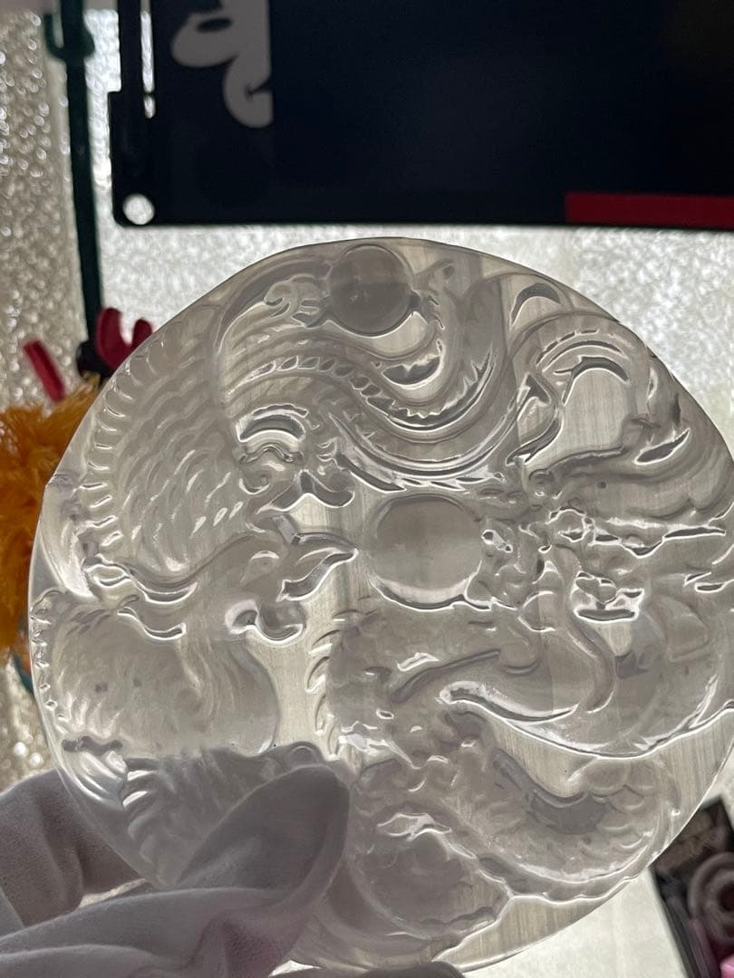 MH様【3087】 ドラゴン&鳳凰彫り プレート　セレナイト