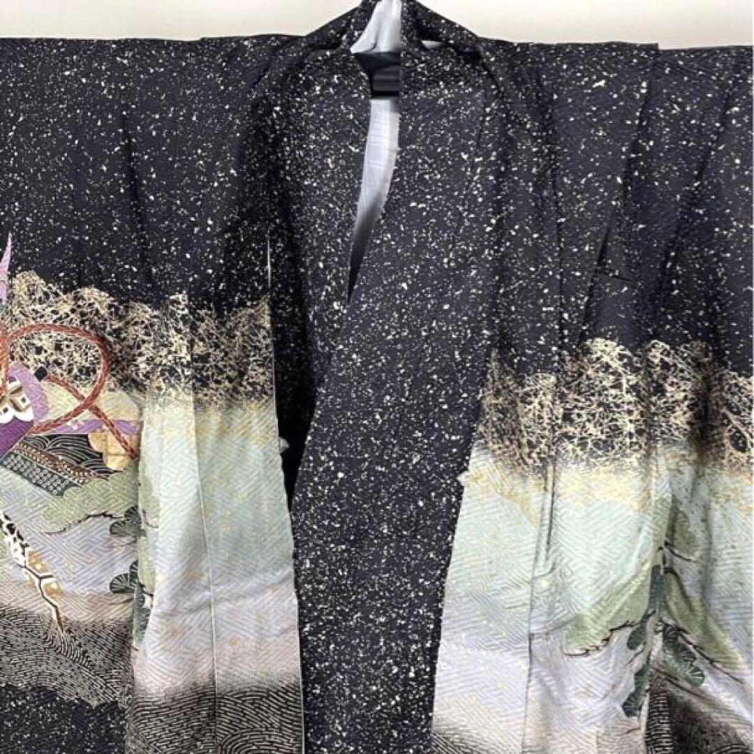 七五三 五歳‼️正絹豪華絢爛黒地金箔ラメキラキラ鷹巻物金彩‼️完全フルセット 揃える