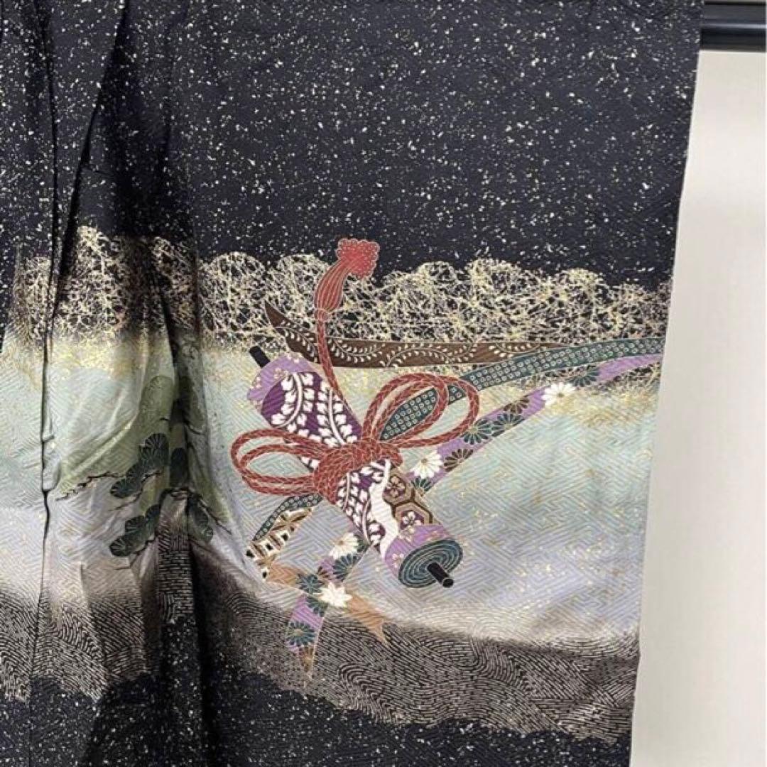 七五三 五歳‼️正絹豪華絢爛黒地金箔ラメキラキラ鷹巻物金彩‼️完全フルセット 揃える