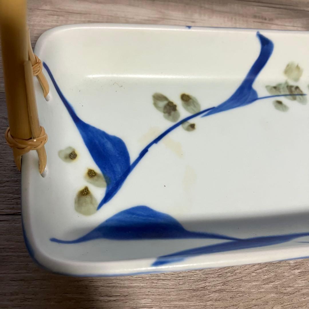 D-4 【美品】和食器 持ち手付き大皿 ＆ 小皿5枚セット 青花 草花文 盛皿