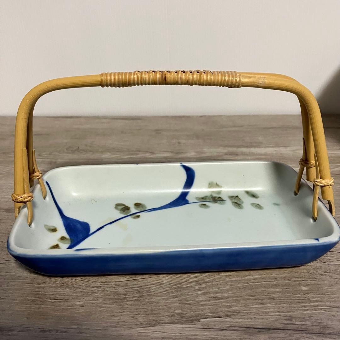 D-4 【美品】和食器 持ち手付き大皿 ＆ 小皿5枚セット 青花 草花文 盛皿