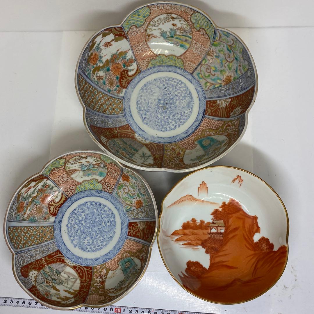 古伊万里　菊割　染錦　鉢　3点　27/22.3/18.7cm 東K7-1207①