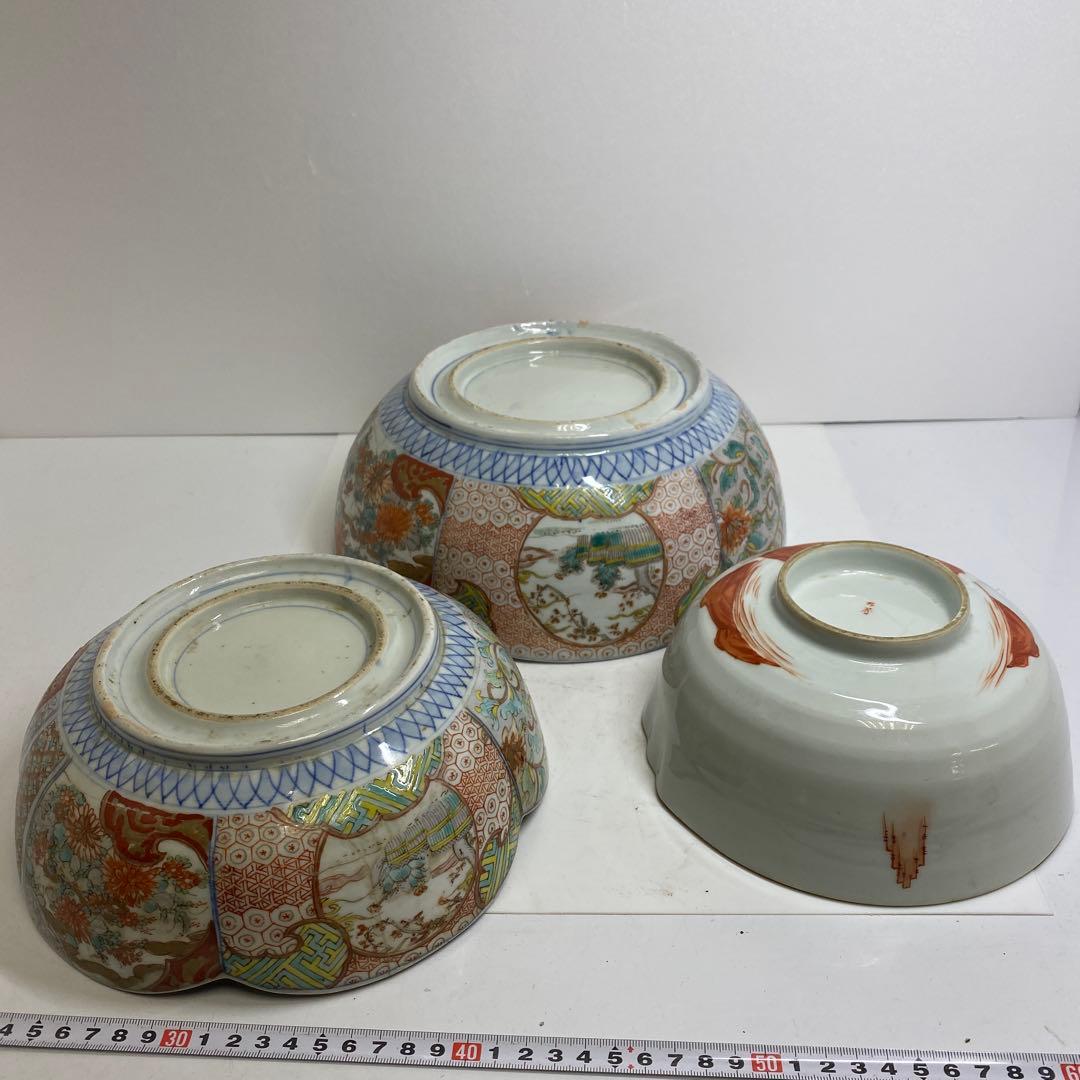 古伊万里　菊割　染錦　鉢　3点　27/22.3/18.7cm 東K7-1207①
