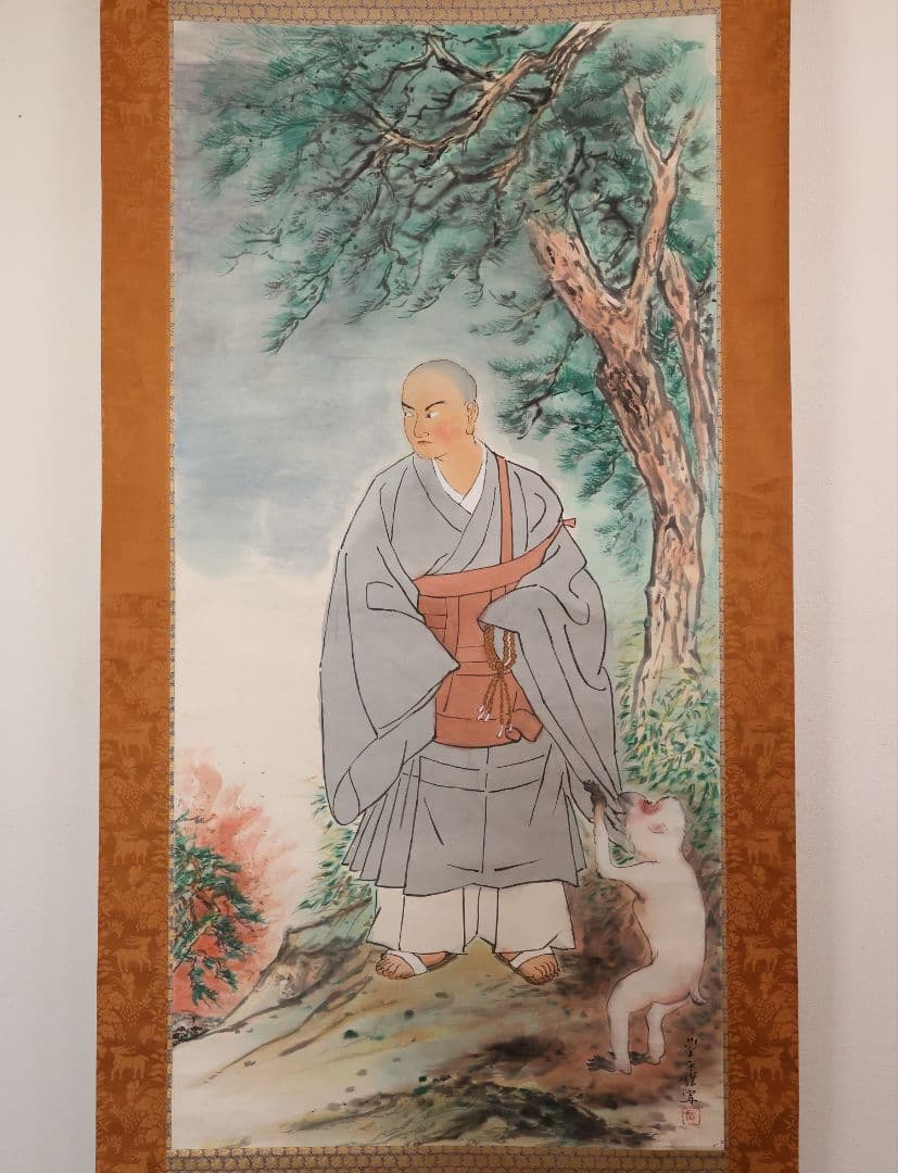 【模写】日本画 彩色 大木豊平「日蓮上人・白猿図」紙本 掛軸 大幅 MA553