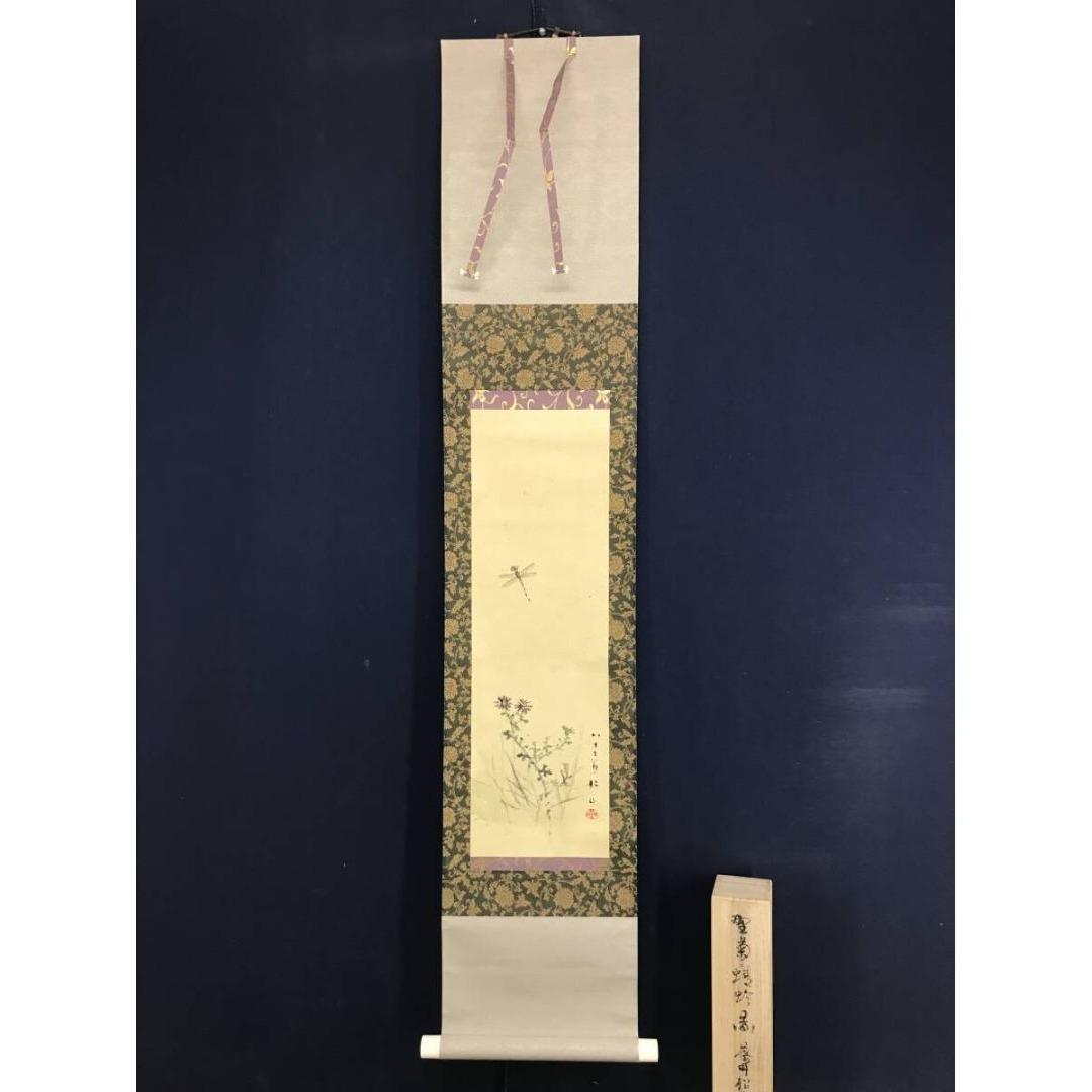 真作/藤井松山/野菊に蜻蛉図/トンボ/花鳥図/秋の掛軸/掛軸☆宝船☆AK-673