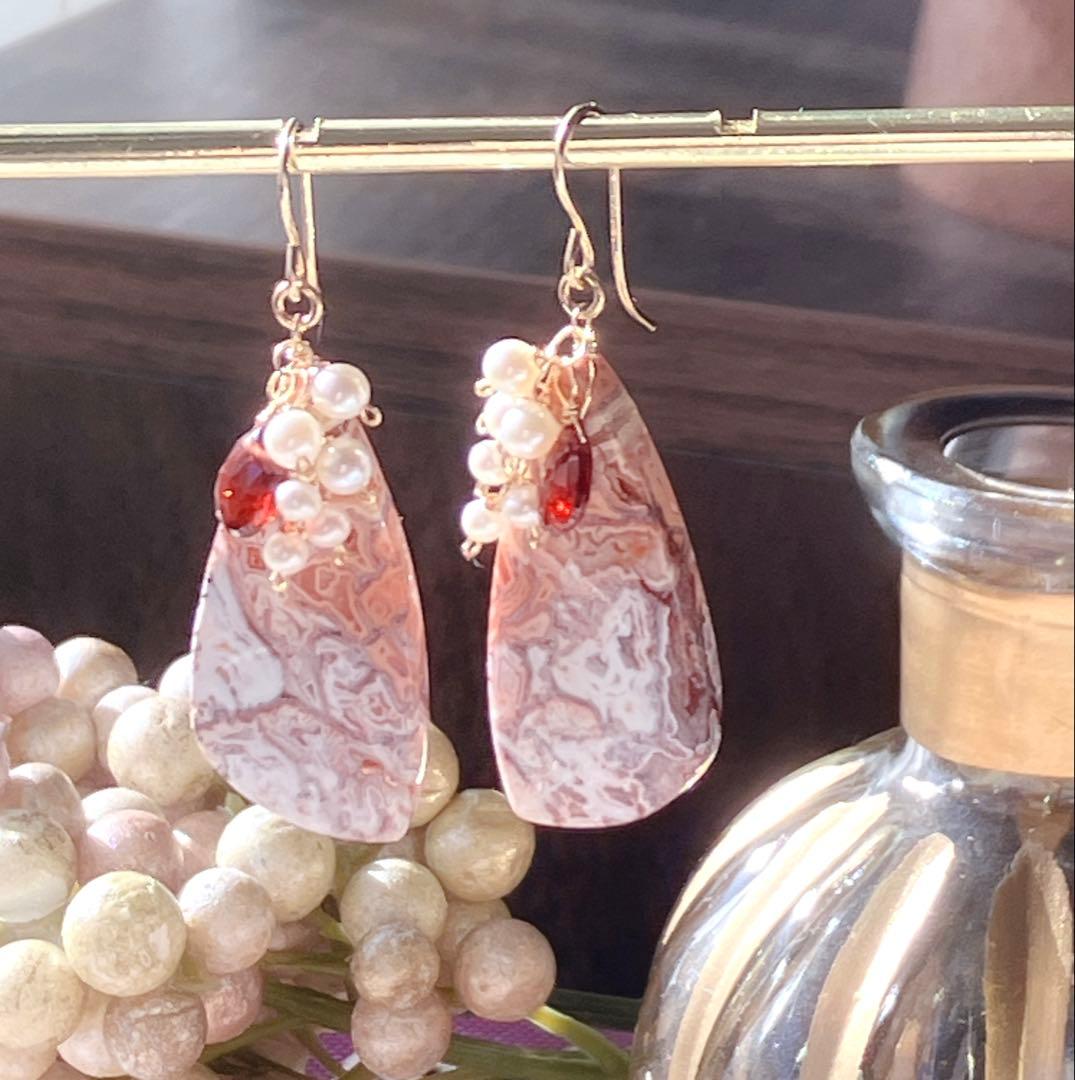 tama◆一点物✧ピンククレージーレースアゲート×ガーネットピアス