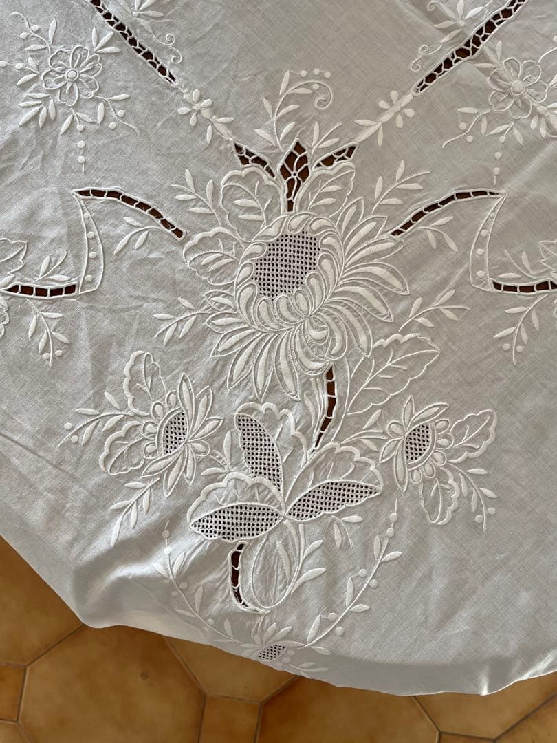 ◆フランス刺繍｜超大判マルチクロスBベッドカバースプレッド白テーブルクロス草花