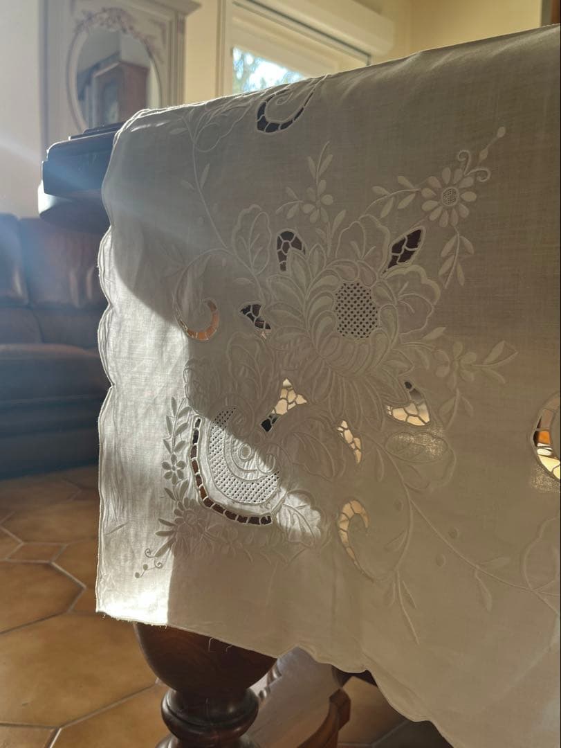 ◆フランス刺繍｜超大判マルチクロスBベッドカバースプレッド白テーブルクロス草花