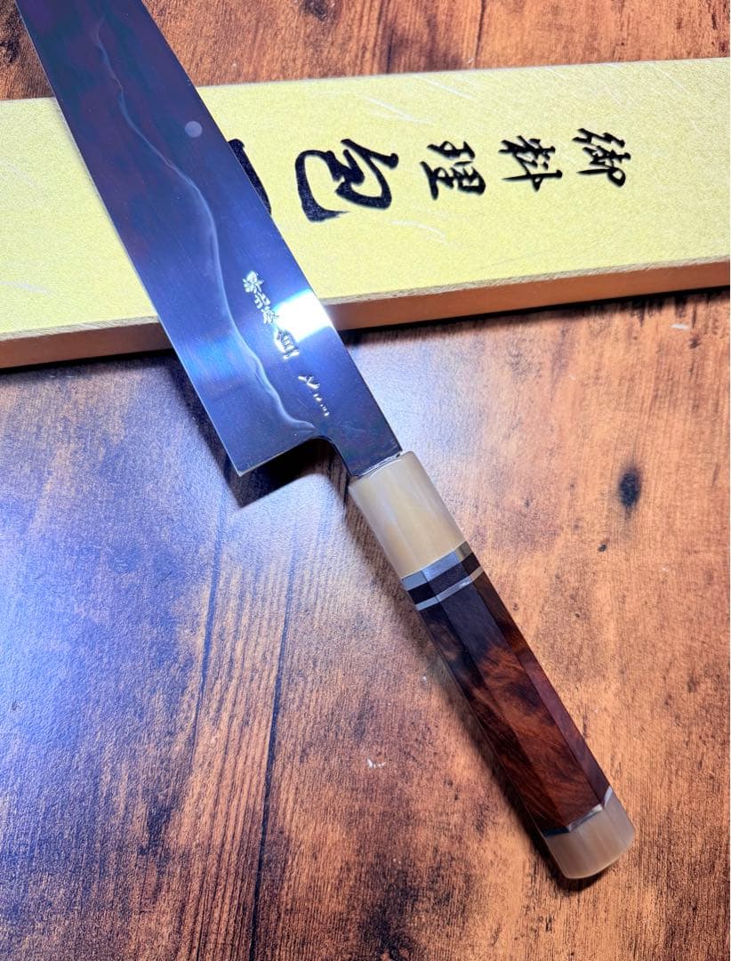 池田美和　切付 牛刀　水本焼　白一鋼　富士山 全鏡面　尺　紫檀白水牛八角柄