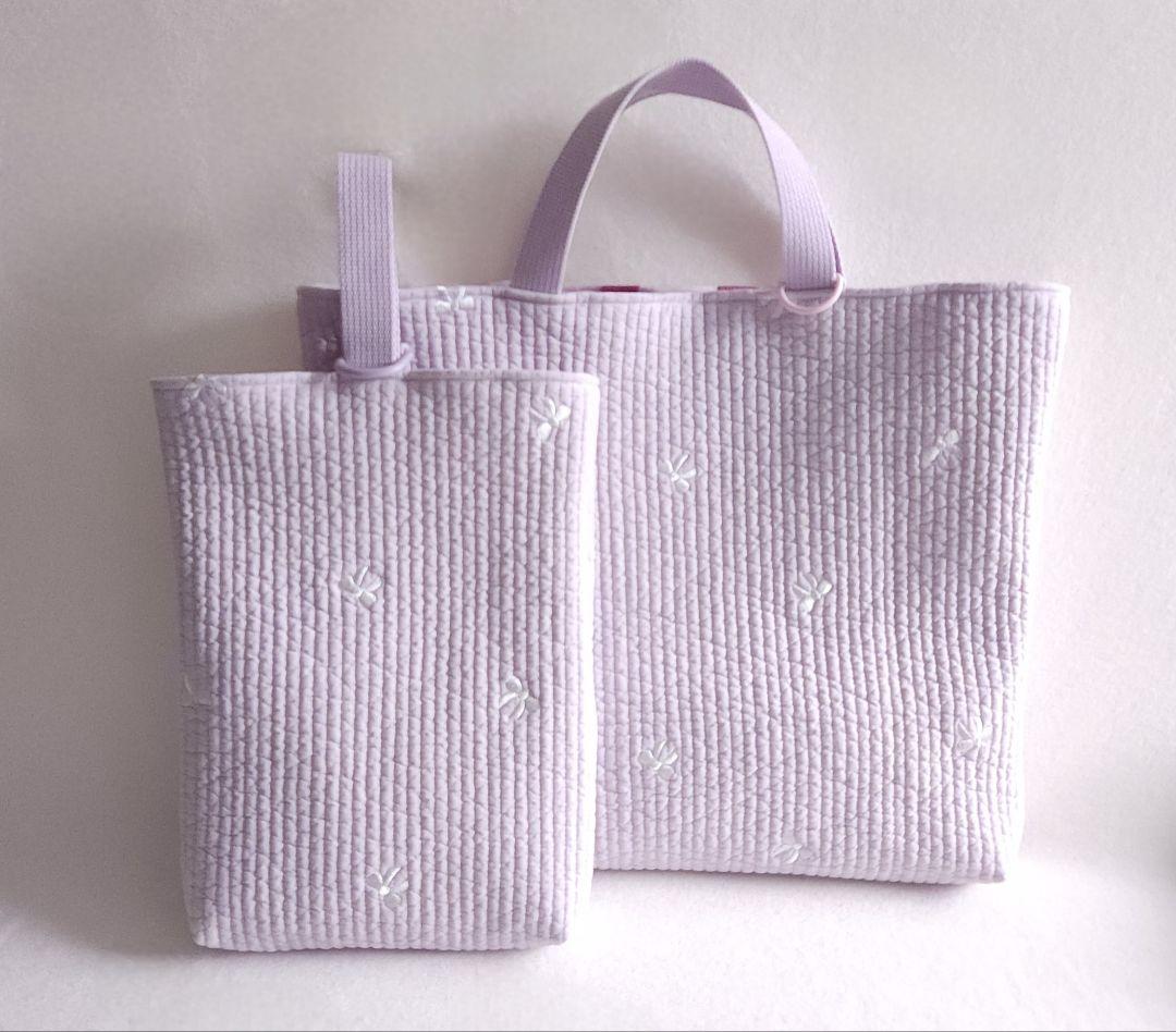 【完成品】人気柄♪ラベンダーカラーのリボン刺繍ヌビ バック&上履き入れセット
