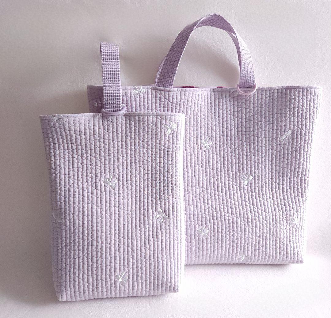 【完成品】人気柄♪ラベンダーカラーのリボン刺繍ヌビ バック&上履き入れセット