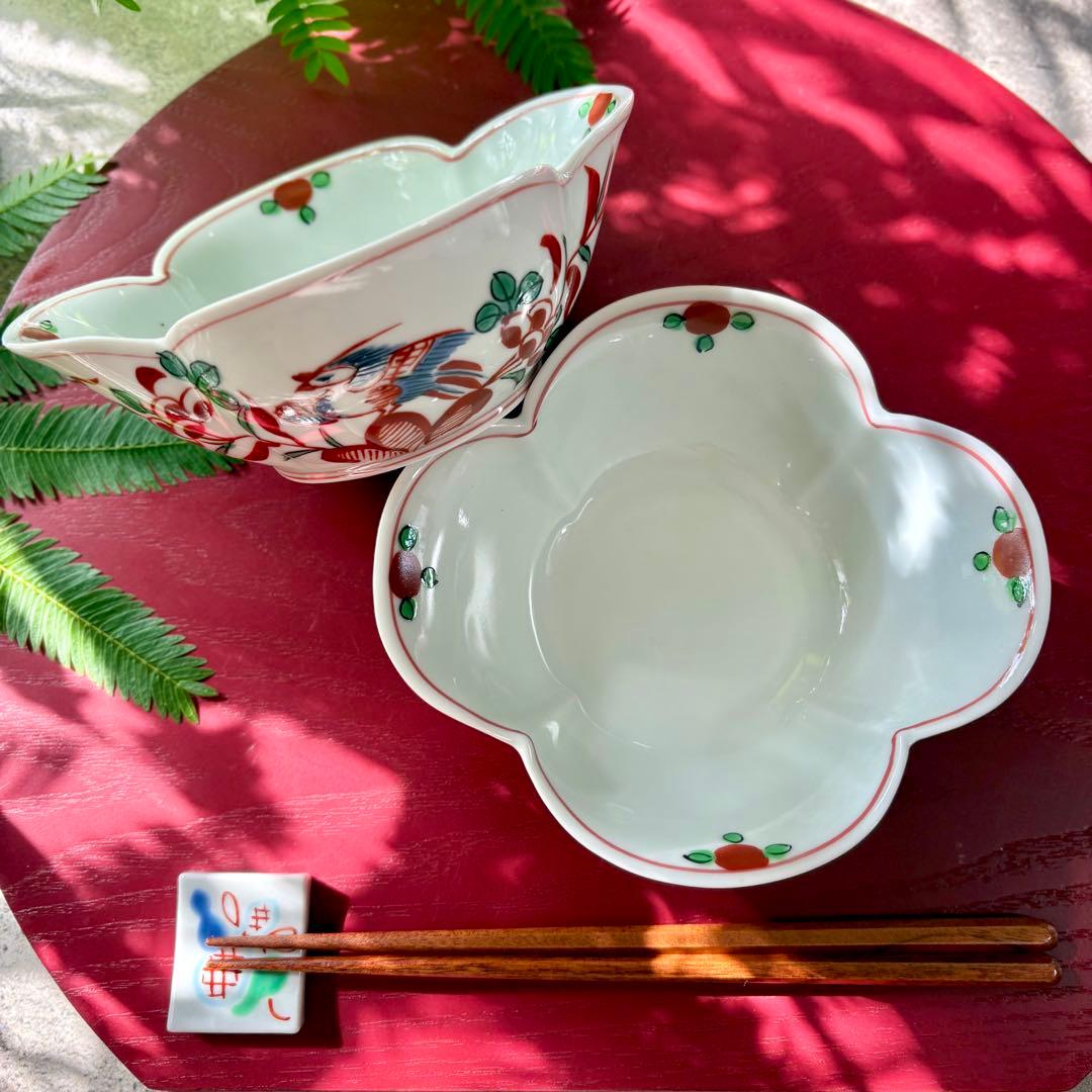 波佐見焼　錦万歴京木甲鉢　2つセット　木瓜鉢　深鉢　小鉢　とんすい　深皿　赤絵