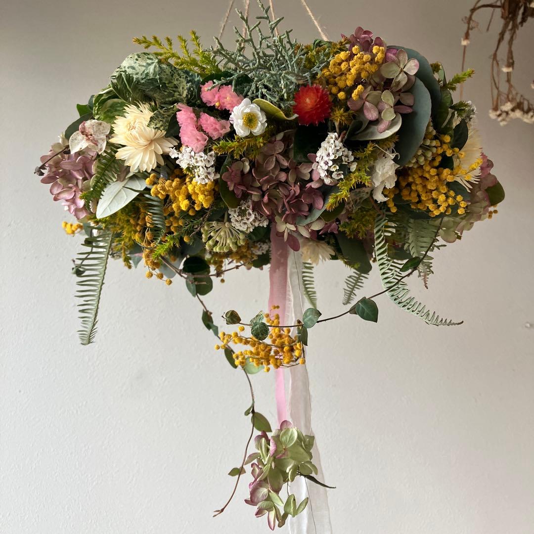 春色フライングリース　ミランドールミモザ　水無月紫陽花　スターチス　花かんざし