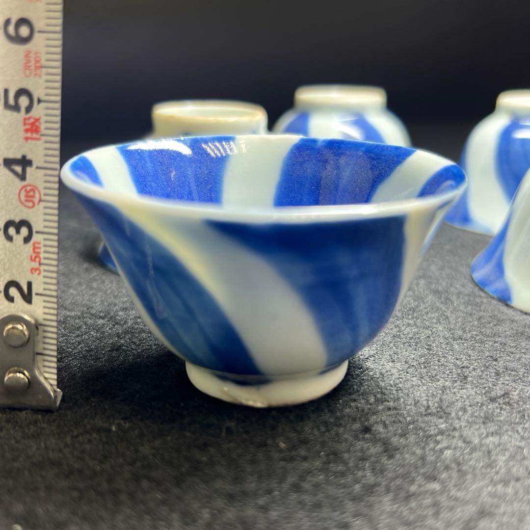 時代　青花染付渦福煎茶碗5客　木箱付　口径約6.5㎝東Y8-0403☆2Fタルチ